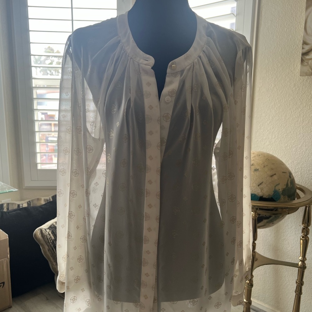 Liz Claiborne Sheer Ivory/Off-White Long Sleeve Blouse